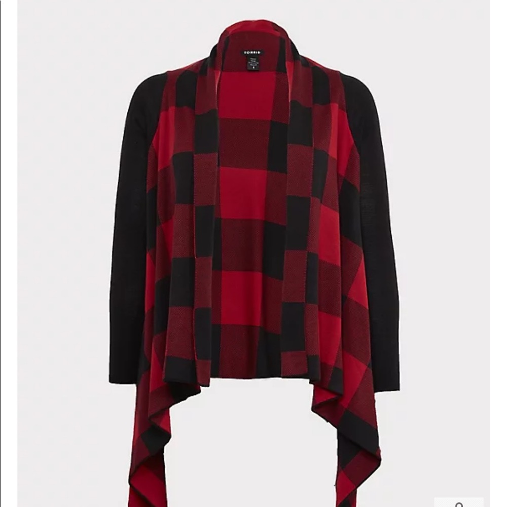 Red Plaid Drape Front Cardigan
